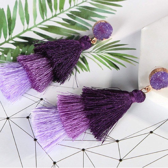 💜Purple Ombré TASSLE  WOMAN’S DRUZY EARRINGS *NWT - Picture 7 of 7